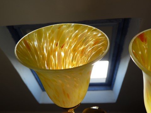 Applique ancienne bronze double feux tulipes jaune